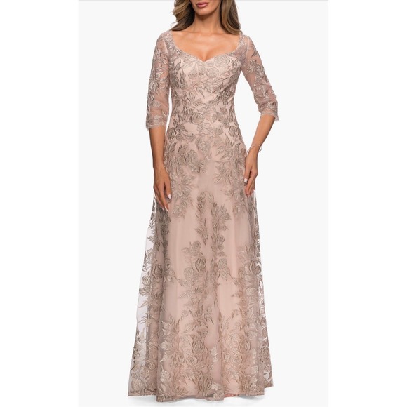 La Femme Dresses & Skirts - New! La Femme 28053 Floral Embroidered Mesh A-Line Gown Champagne Sz 16
